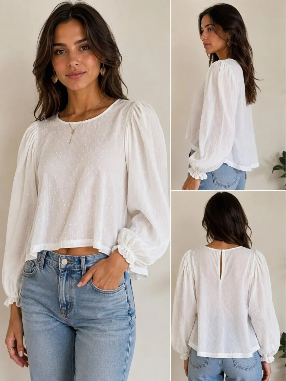 FARM Rio Puffed Long Sleeve Swiss Dot Cropped Cotton Gauze White Blouse, Small